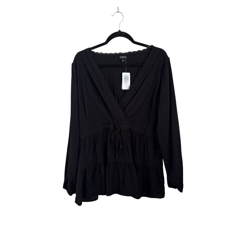 Torrid Size Large 12 Black Goth Babydoll Surplice Tiered V Neck Front Knot Shirt